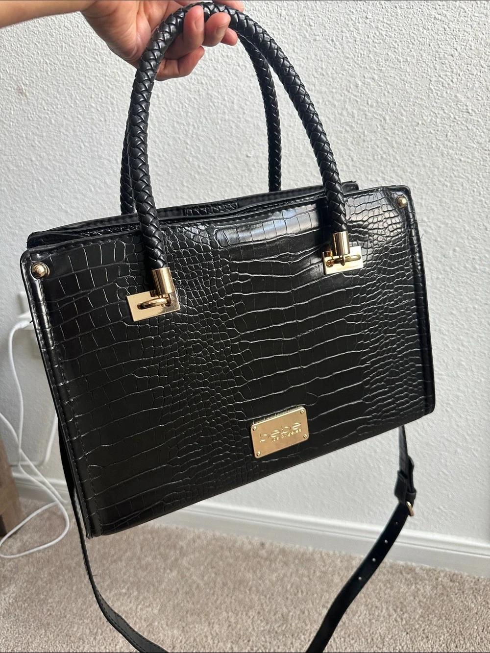 bebe Black Croc-Embossed Satchel with Gold Hardware